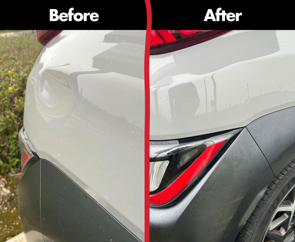 An image of a before and after of a car dent we repaired.